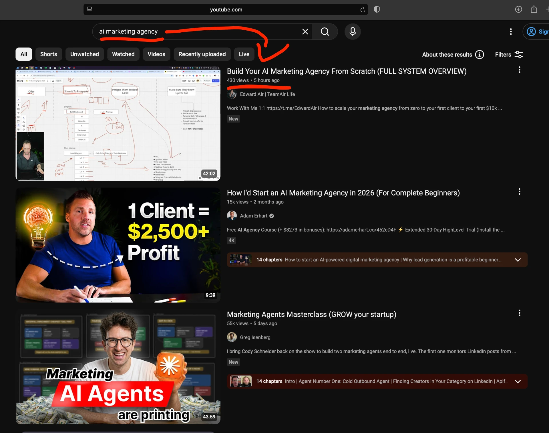 YouTube search result for 'ai marketing agency' showing a ranked client video