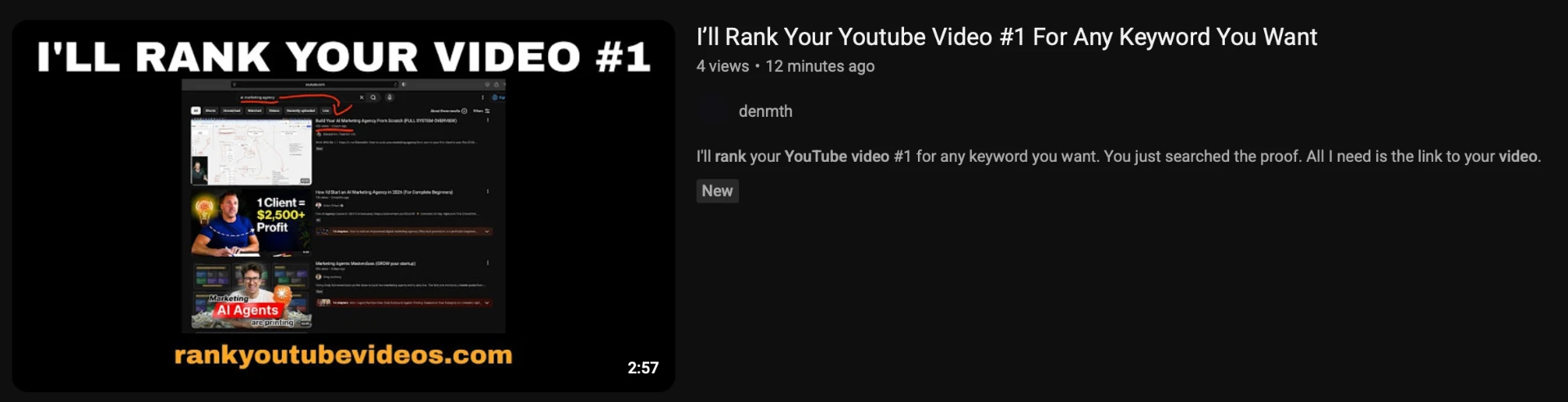 YouTube video page for 'I'll Rank Your YouTube Video #1 For Any Keyword You Want' by denmth