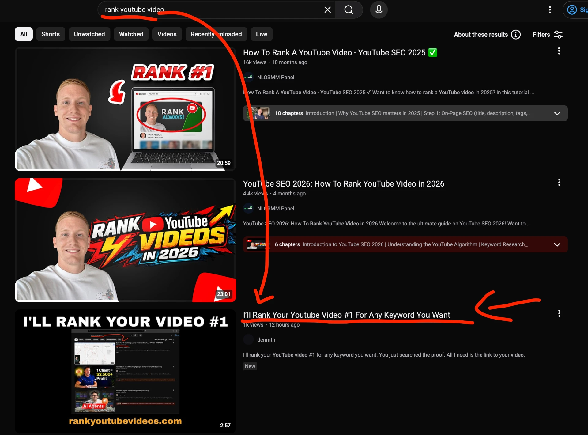 YouTube search result showing rankyoutubevideos.com for 'rank youtube video'
